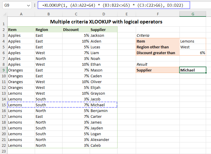 Using logical operators with multiple criteria XLOOKUP