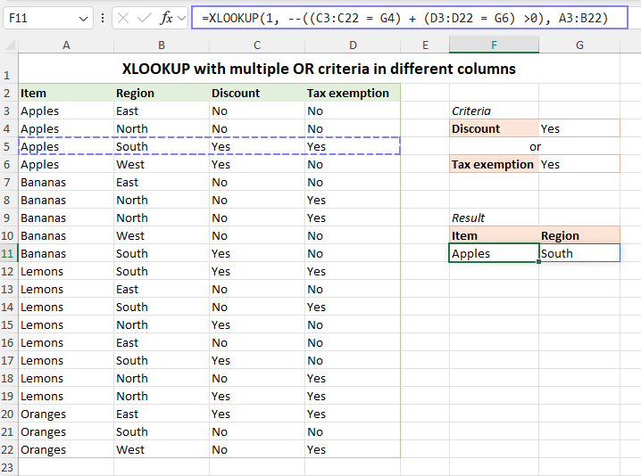 XLOOKUP formula for multiple OR criteria in different columns