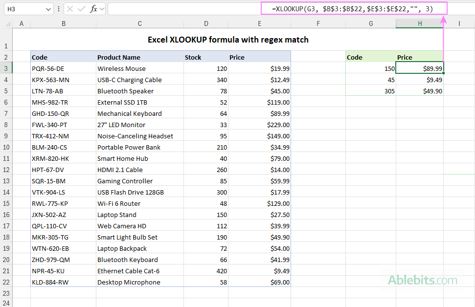 A simple XLOOKUP formula with regex match.
