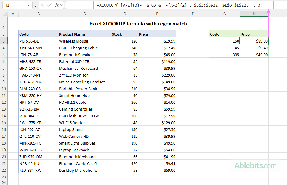 Use XLOOKUP with regex match in Excel.