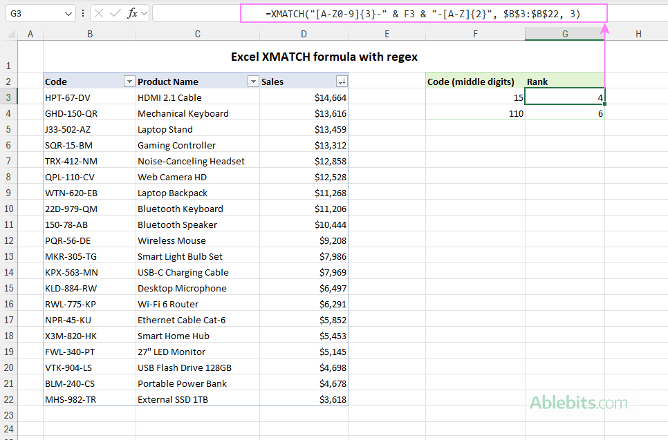Use XMATCH with regex in Excel.