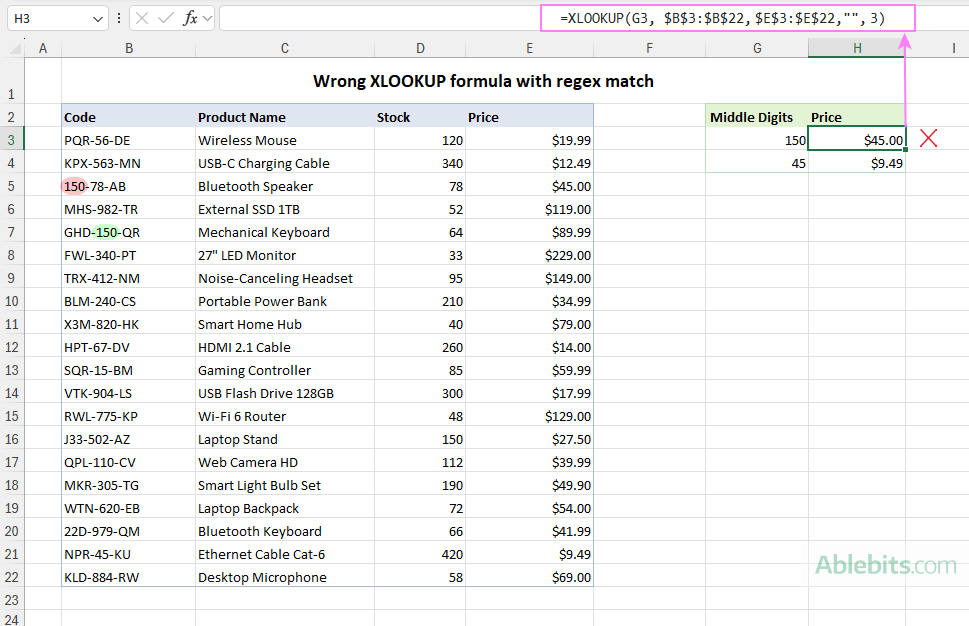 A wrong XLOOKUP formula with regex match.