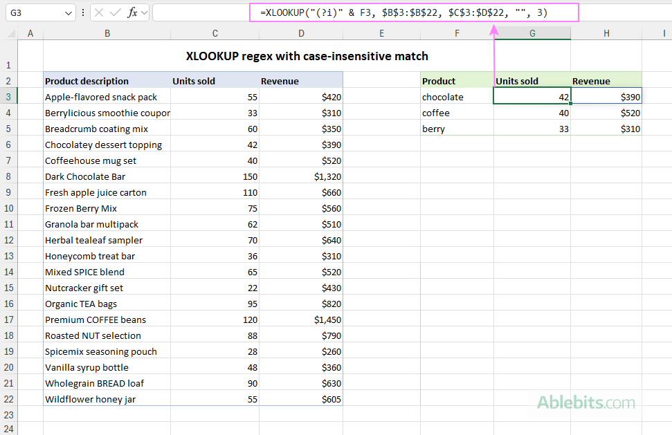 XLOOKUP regex formula for case-insensitive match.