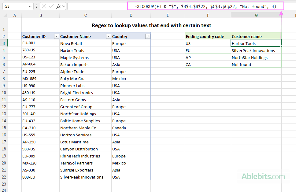 XLOOKUP with regex match to look up values that end with certain text.