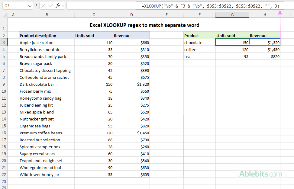 Use XLOOKUP regex to match a separate a word.