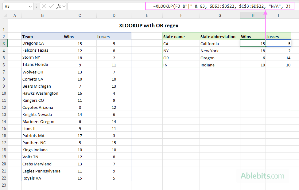 XLOOKUP with OR regex to match one of several options.