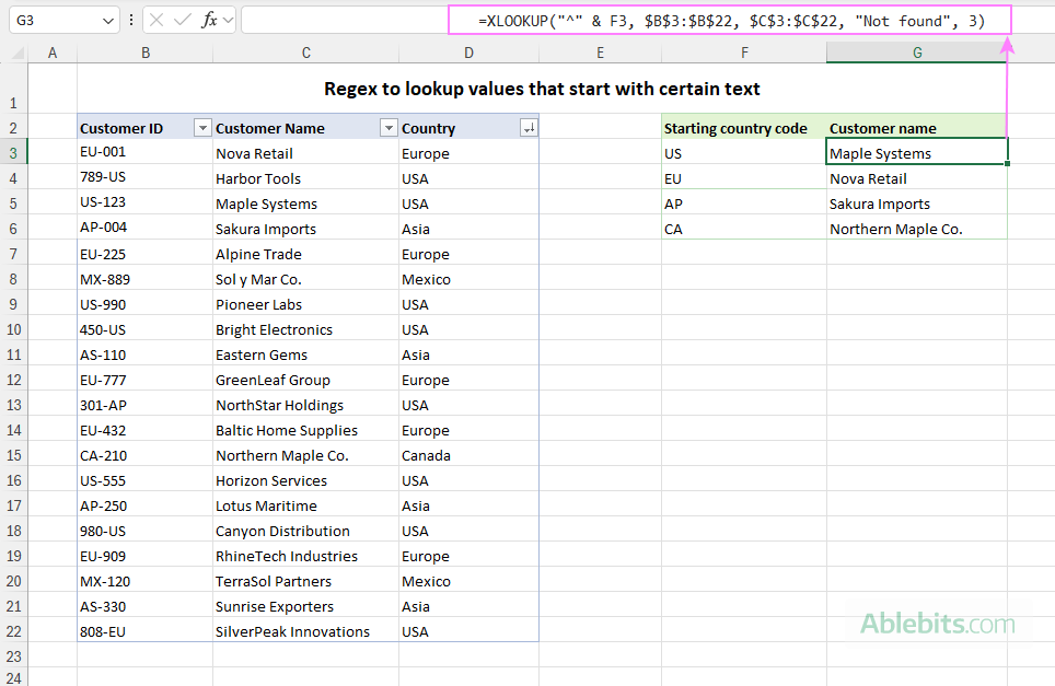 XLOOKUP with regex match to lookup values that start with certain text.