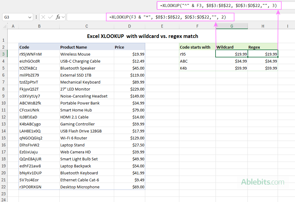 XLOOKUP regex match vs. wildcard match.