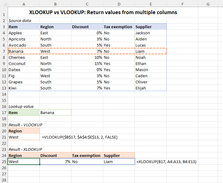 XLOOKUP vs VLOOKUP: getting values from multiple columns