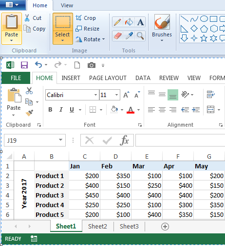 Convert Excel to JPG by copying the print screen to Paint.