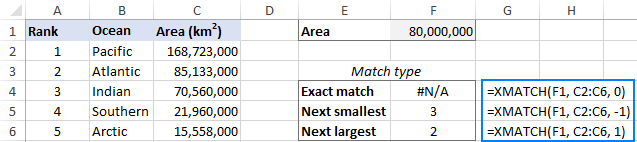 Excel XMATCH function with formula examples