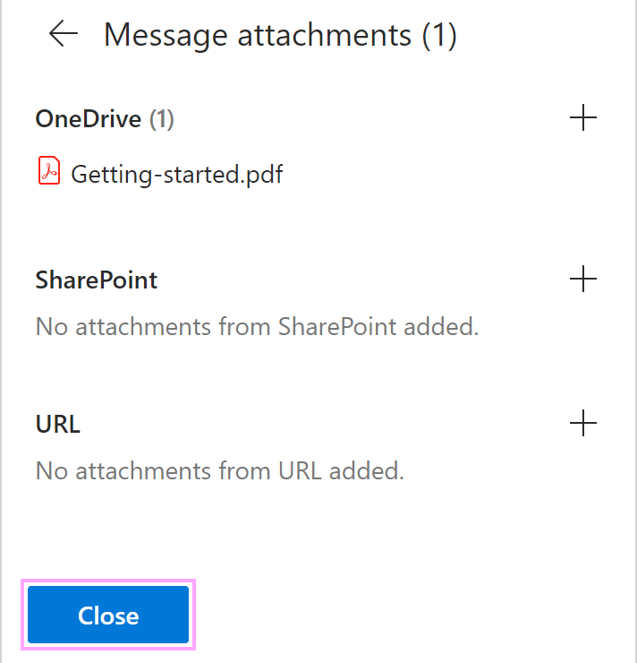 An attachment from OneDrive in the Message attachments dialog