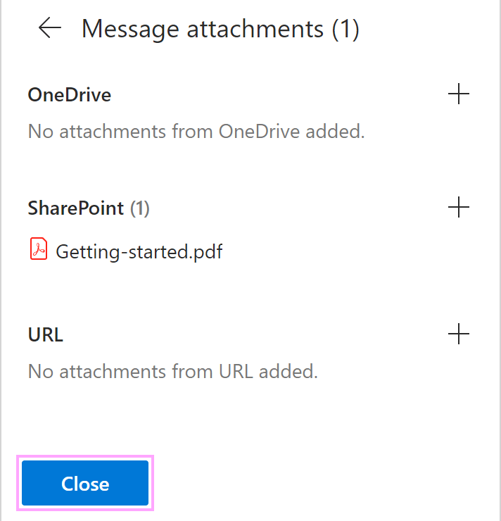 An attachment from SharePoint in the Message attachments dialog