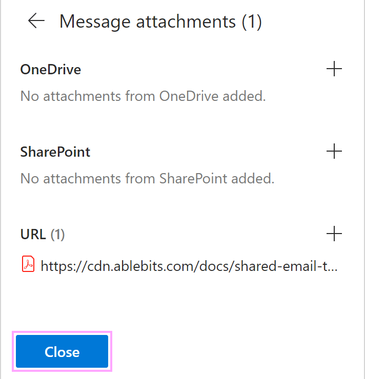 An attachment from URL in the Message attachments dialog