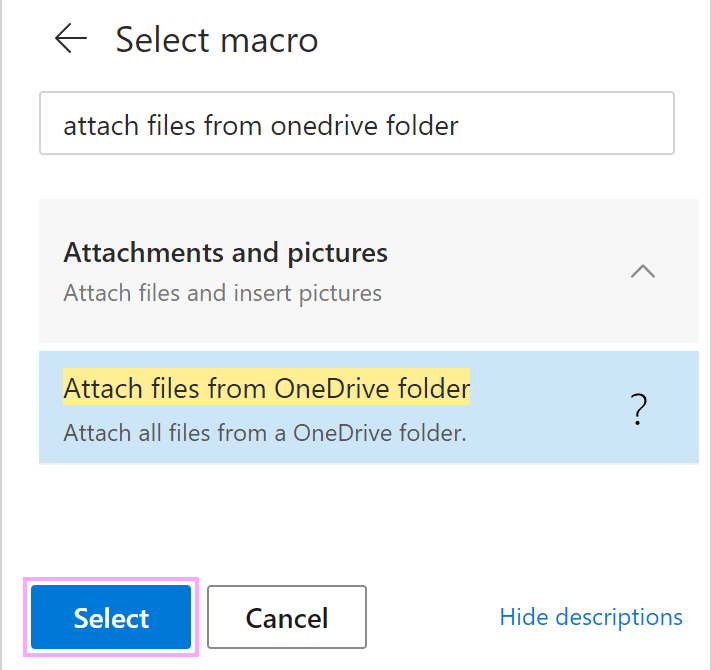 Attach files from OneDrive folder