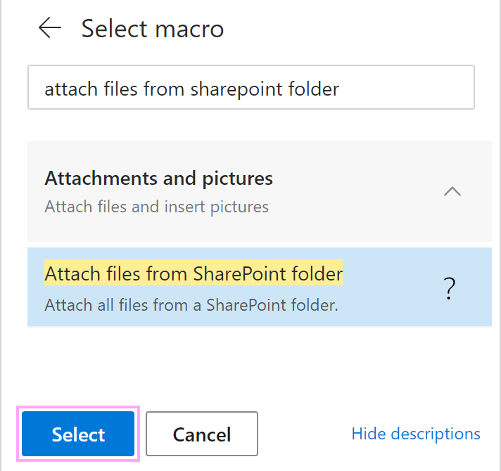 Attach files from SharePoint folder