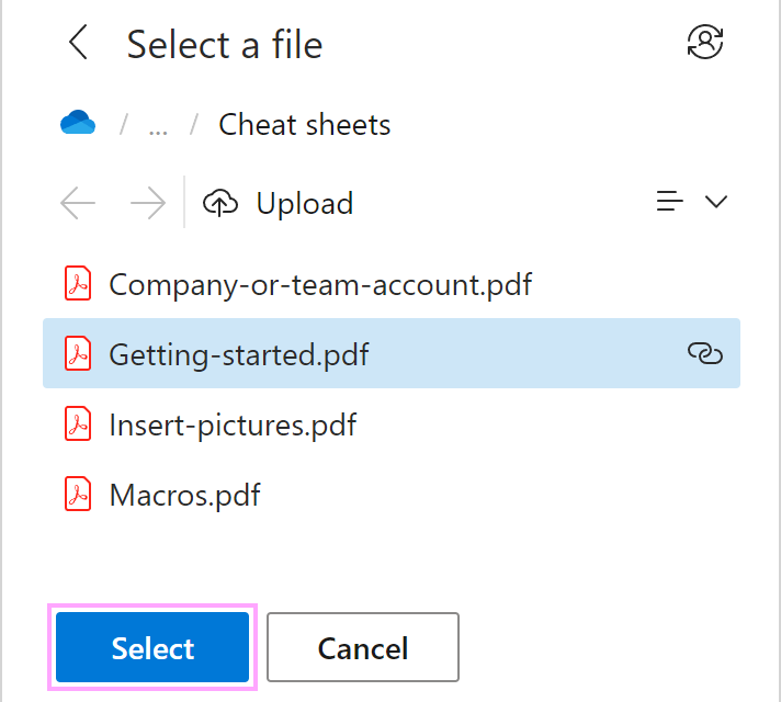 A OneDrive file that is going to be selected