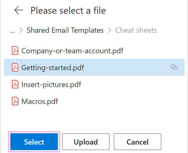 A OneDrive file that is going to be selected