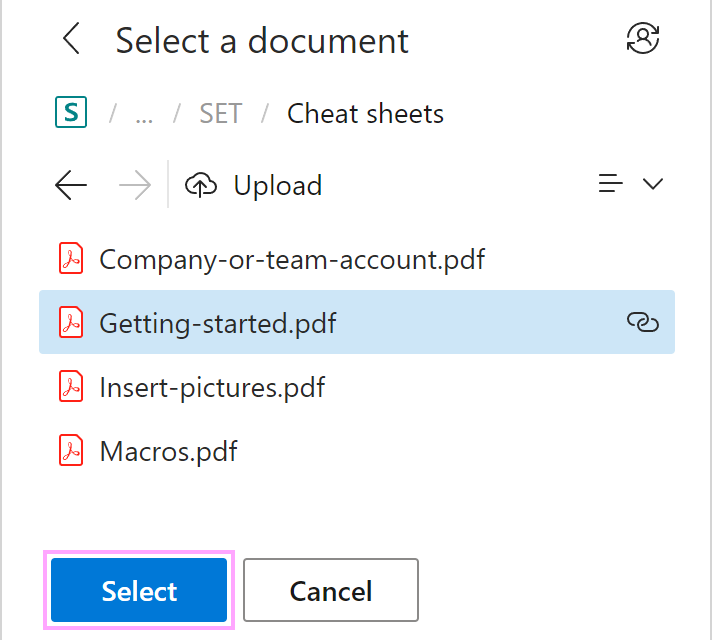 A SharePoint file that is going to be selected