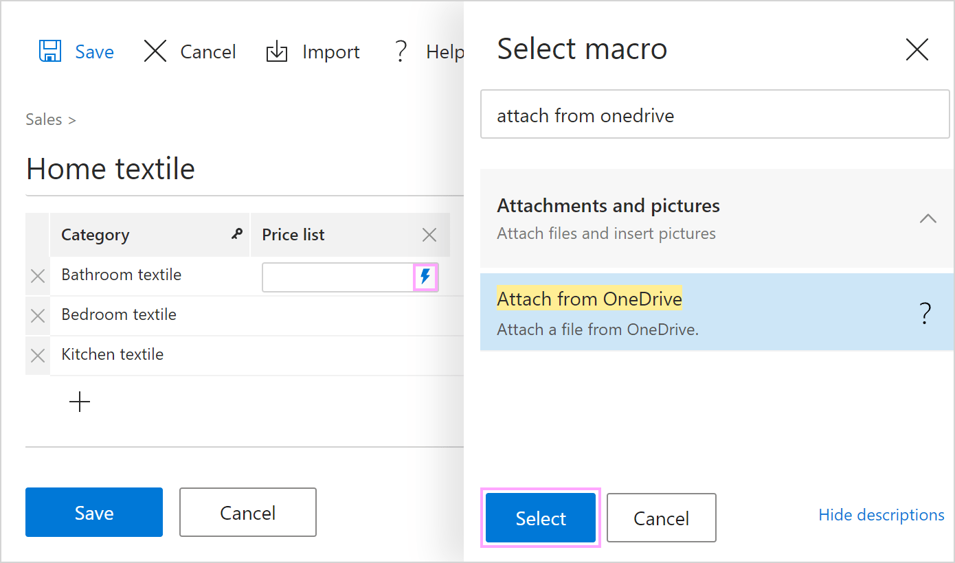 How to create a dropdown list for selecting an attachment