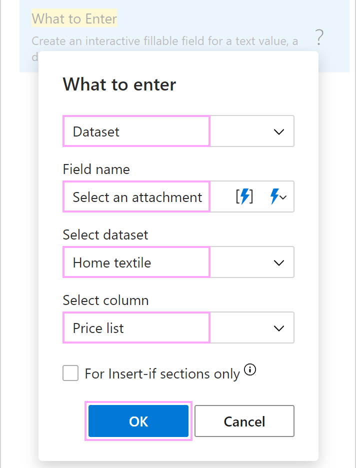 The What to enter dialog