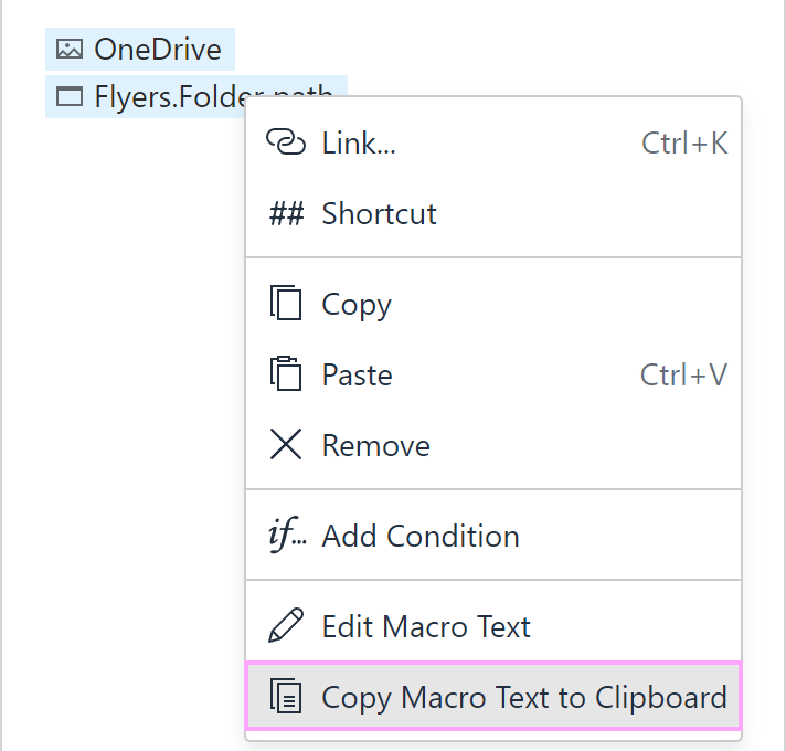The Copy Macro Text to Clipboard option