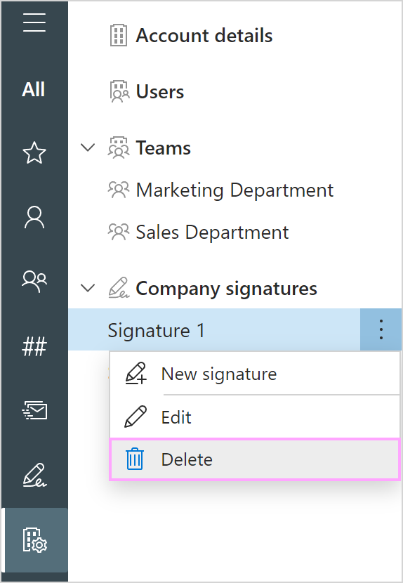 The Delete option for a company signature