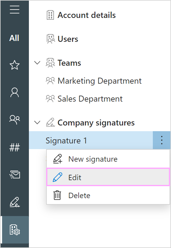 The Edit option for a company signature