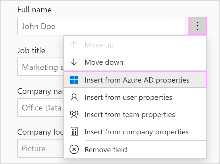 The Insert from Azure AD properties option