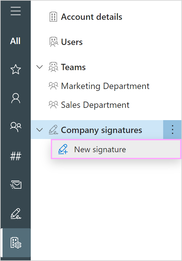 The New signature option on the Manage account tab in the SET app