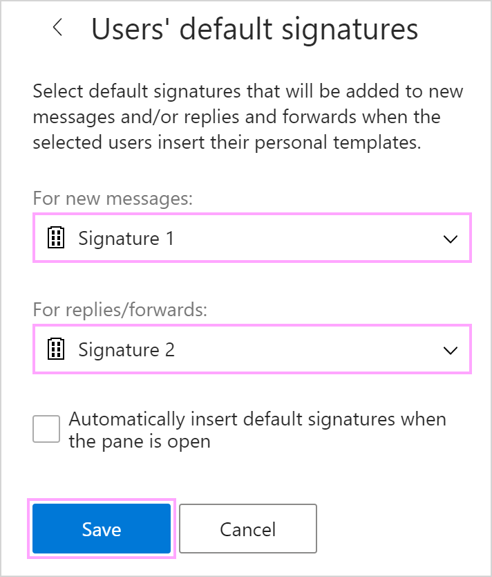 Users' default signatures in the SET app