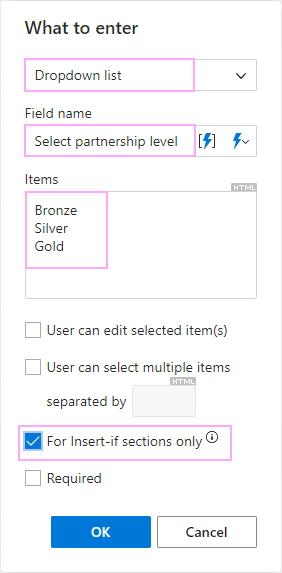 Create a dropdown list with the items corresponding to the conditions you plan to set up.