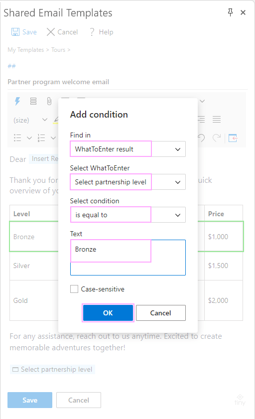 Configure the condition based on the dropdown value.