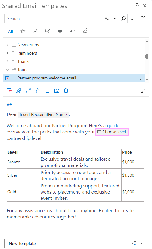 A dropdown menu is added to an email template.