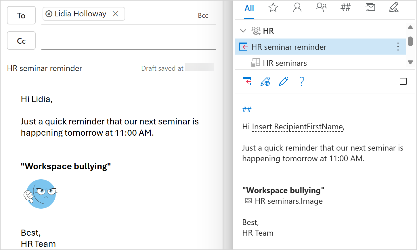 A shared template inserted into an Outlook email with an image from a dataset A shared template inserted into an Outlook email with an image from a dataset