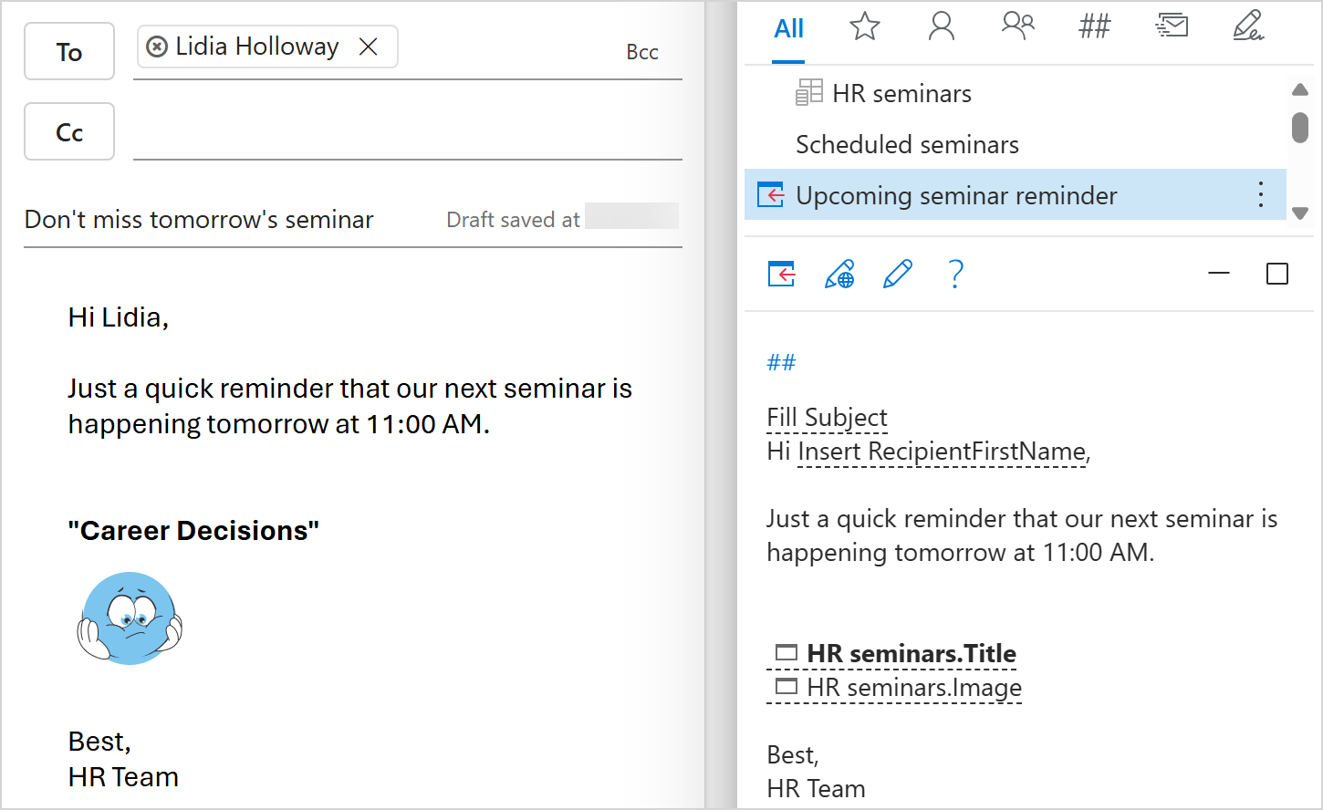 A shared template inserted into an Outlook email with an image selected from a dialog A shared template inserted into an Outlook email with an image selected from a dialog