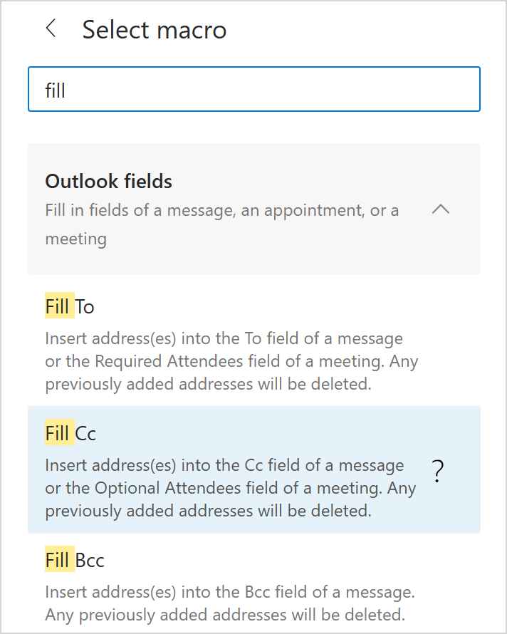 The Fill Cc option selected in the search results