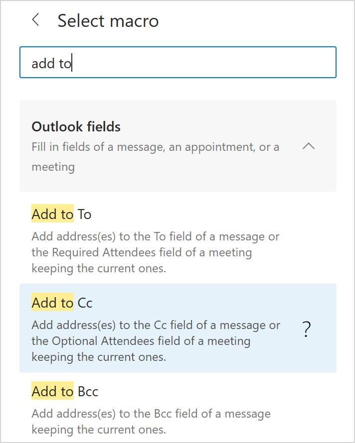 The Add to Cc option selected in the search results