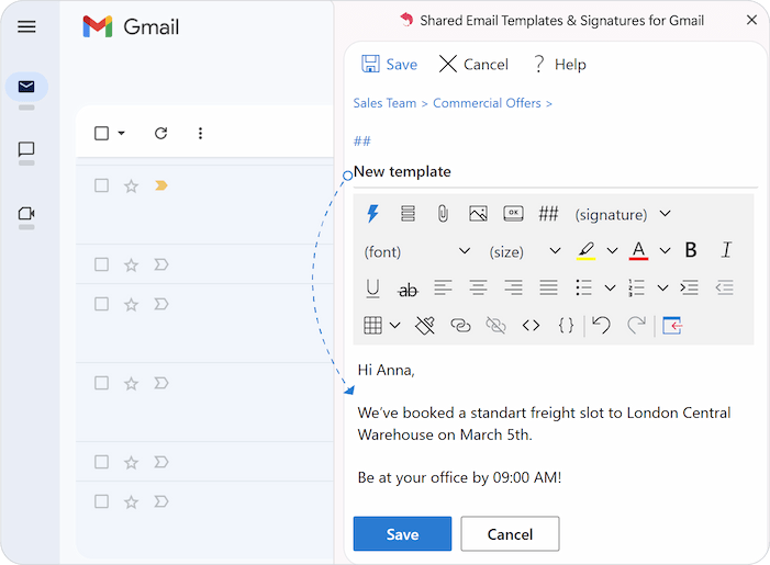 Typing or pasting message content into the template editor within the Gmail sidebar. Typing or pasting message content into the template editor within the Gmail sidebar.