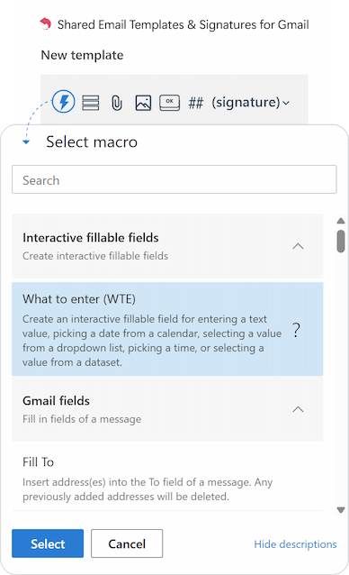 Clicking the Insert macro icon to add dynamic placeholders or custom fields to a template. Clicking the Insert macro icon to add dynamic placeholders or custom fields to a template.