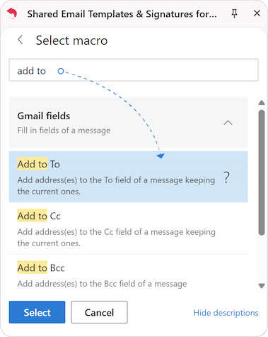 Searching the macro list to select Add to To, Cc, or Bcc options.