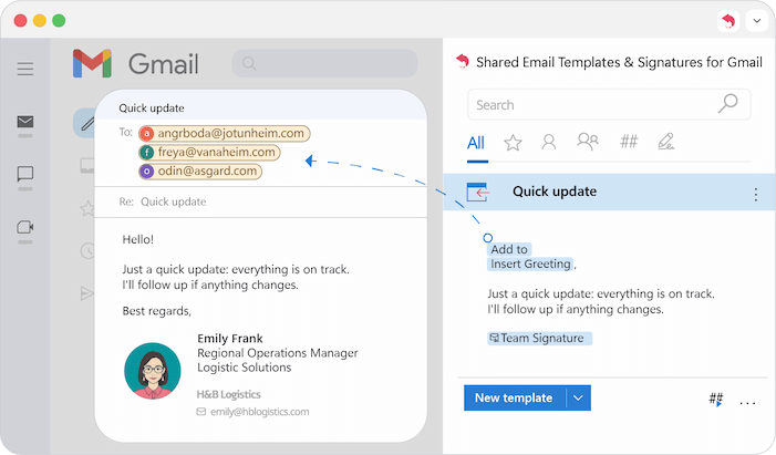Instantly adding new email addresses while retaining existing recipients when applying a template.