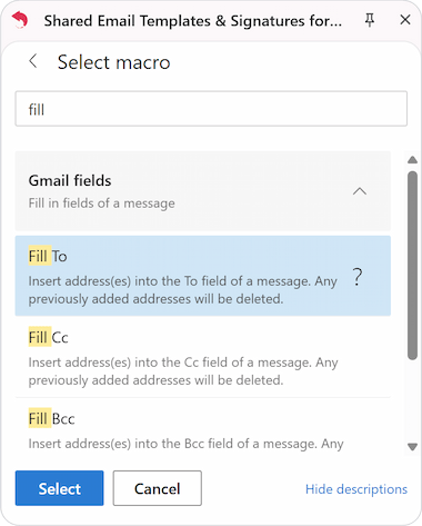 Selecting the appropriate Fill To, Fill Cc, or Fill Bcc option in the macro settings.