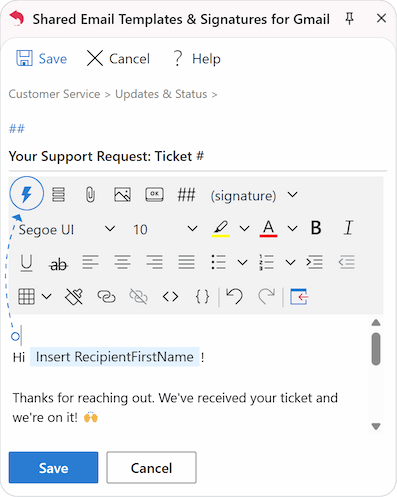 Selecting a location in the template and clicking the blue lightning bolt icon to insert a macro.