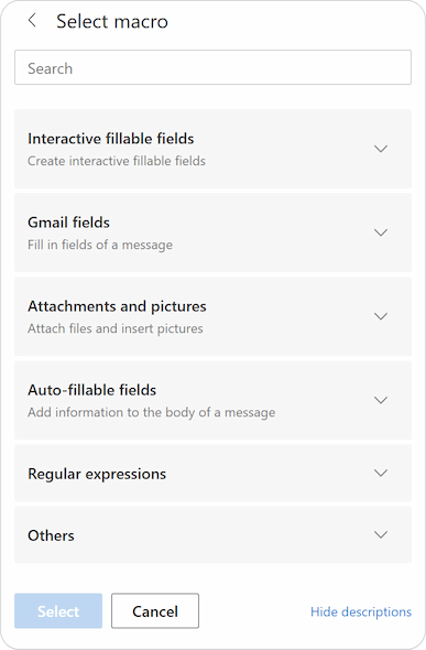 A full list of macros organized into logical categories for easy selection.