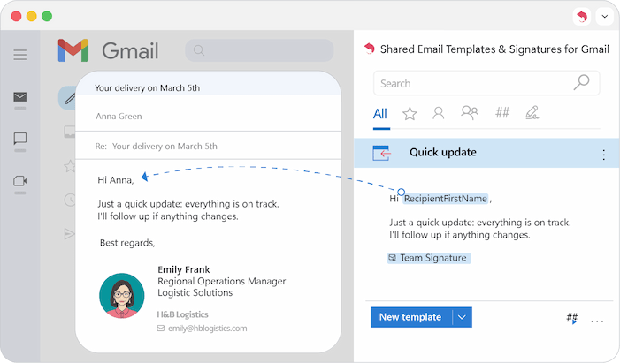 The extension automatically detects recipient details and inserts the name into the Gmail template.