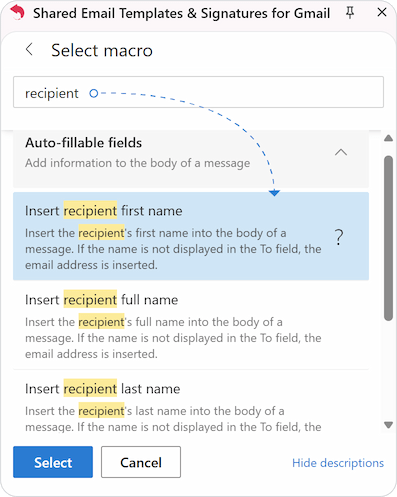 Searching for recipient macros to insert first, last, or full name placeholders.