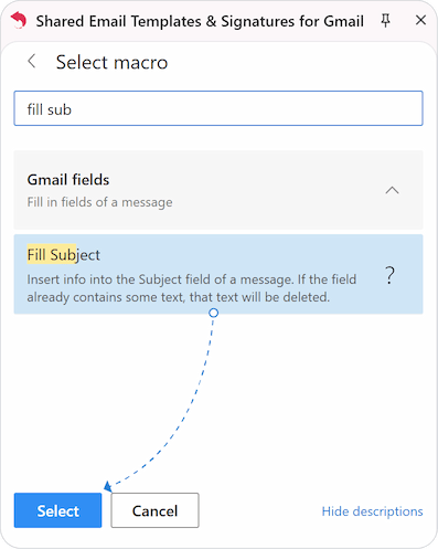 Using the search box to find a specific macro command and clicking Select to add it.