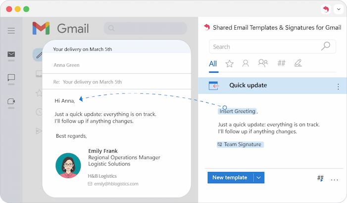 Selecting the first greeting option to be inserted for a single email recipient.
