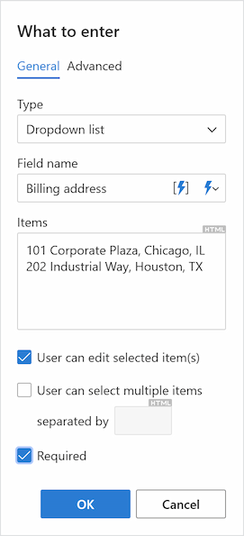 Configuring settings for the drop-down list.